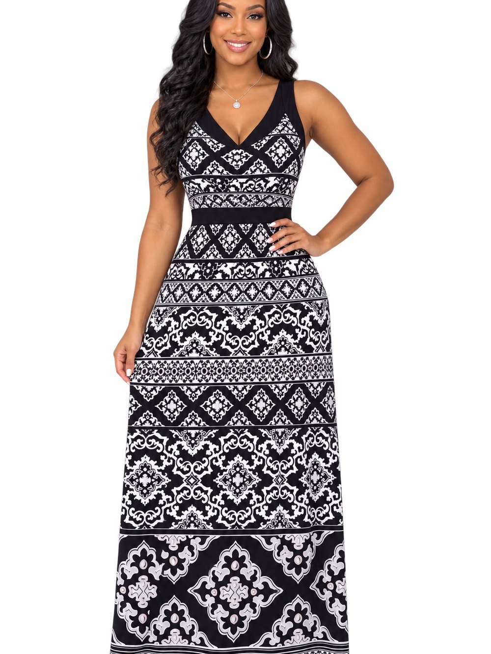 White House Black Market Black & White Patterned V-Neck Maxi Dress